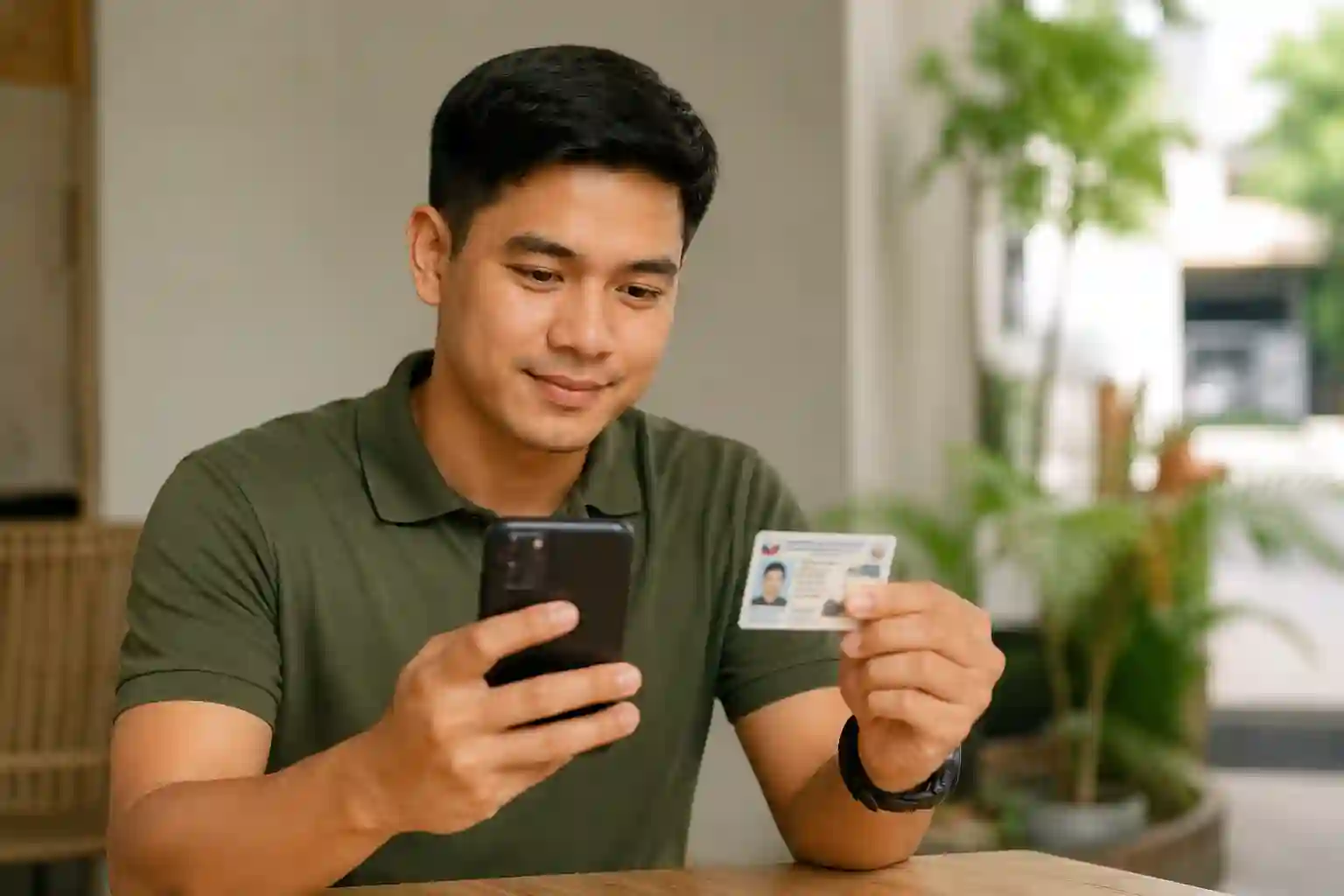 1 Filipino citizen using a smartphone and valid ID to complete SIM registration in the Philippines.