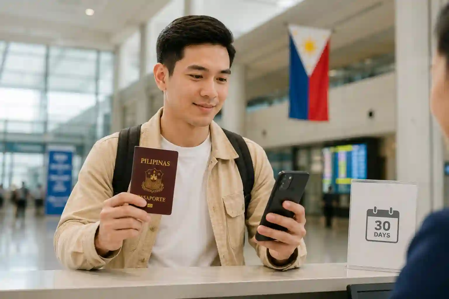 2 Foreign tourist presenting a passport and smartphone for SIM registration in the Philippines.