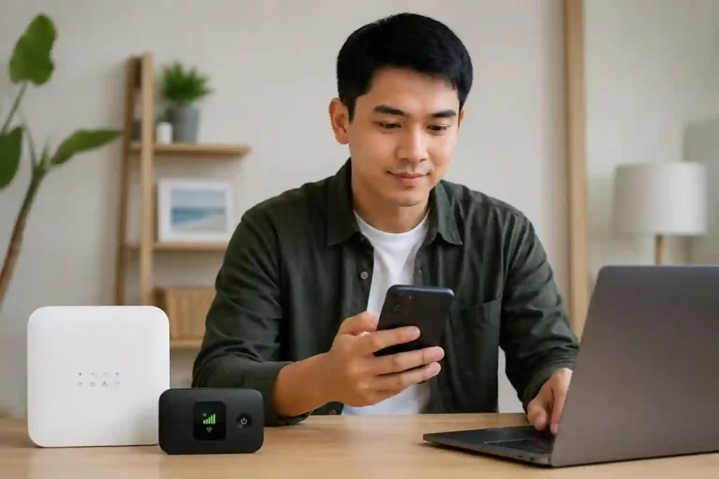 4 Man registering a Wi-Fi SIM using a smartphone, modem, and laptop at home.