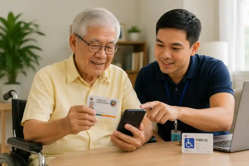 5 Senior citizen registering a SIM card with a smartphone and valid government ID.