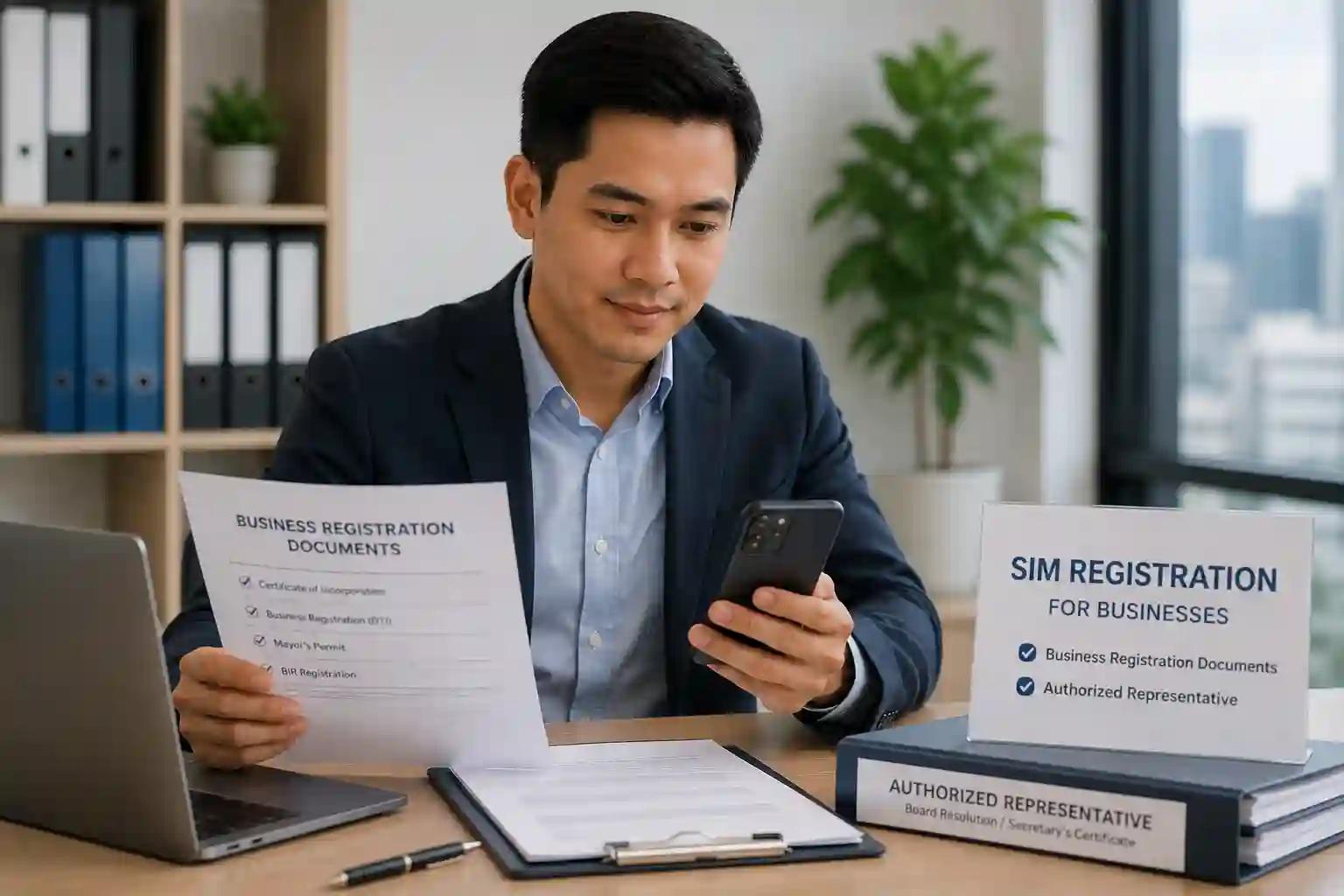 6 Business representative registering a SIM card using corporate documents and a smartphone.